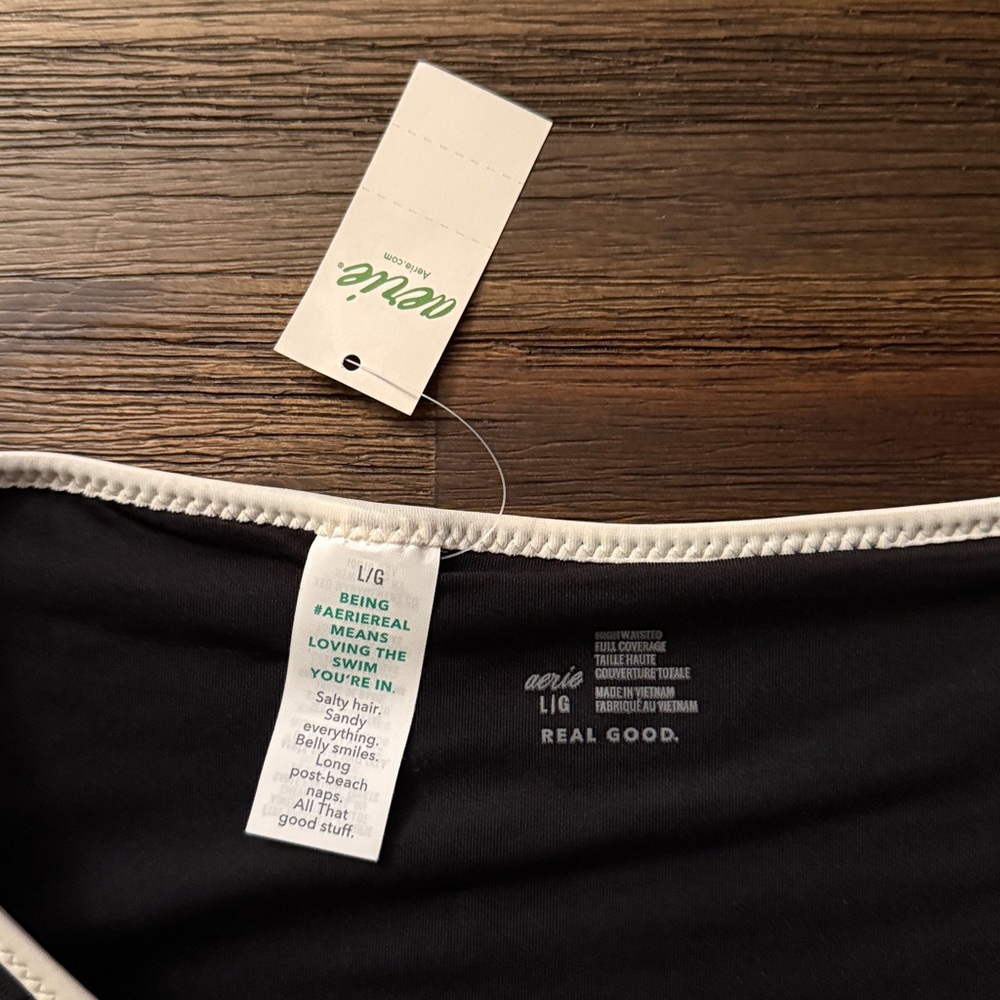 American Eagle Aerie High Waisted True Black Shine Bikini Bottom Large NWT - Picture 3 of 7